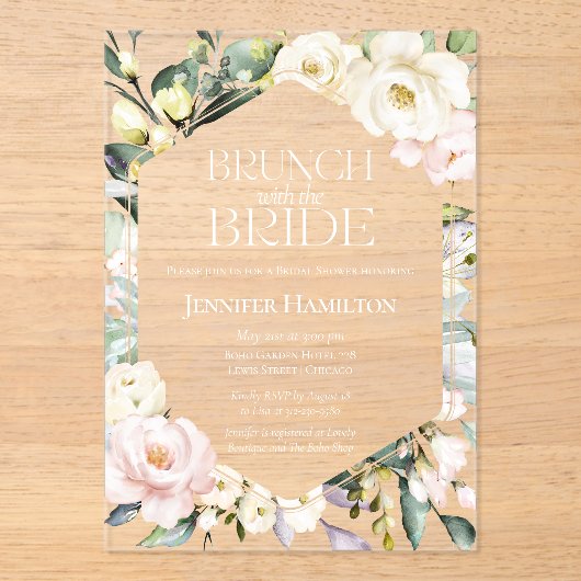 Brunch met de bruid | Boho Floral Vrijgezellenfees Acryl Uitnodigingen (Voorkant)
