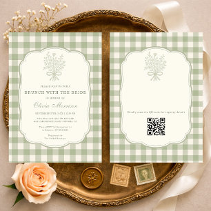 Brunch met de bruid Gingham QR Code Bruiloftsfeest Kaart