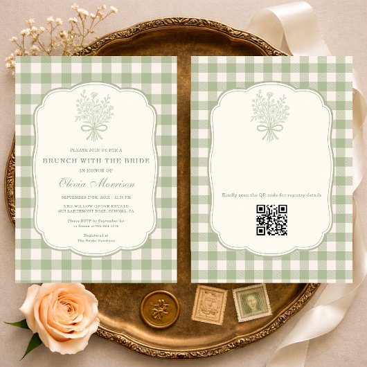 Brunch met de bruid Gingham QR Code Bruiloftsfeest Kaart