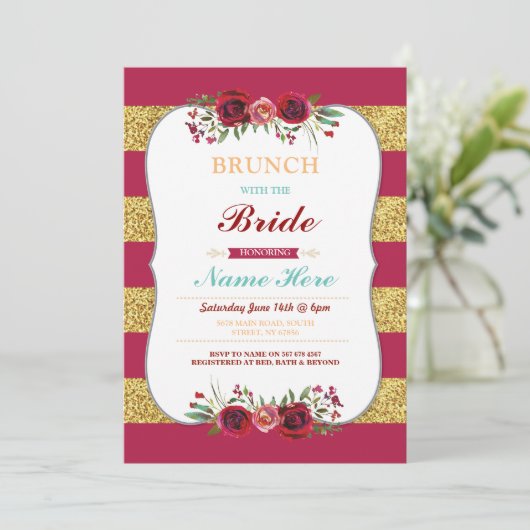 Brunch met de bruid-rode glitter Floral Invite Kaart (Staand voorkant)