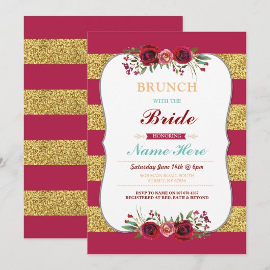 Brunch met de bruid-rode glitter Floral Invite Kaart (Voorkant / Achterkant)
