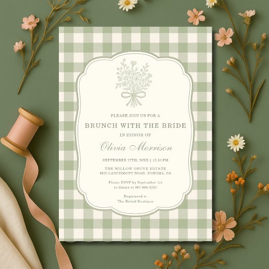 Brunch met de bruid Sage Green Gingham Bruiloftsfe Kaart