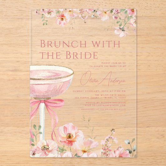 Brunch met het Bride Pink Bow Vrijgezellenfeest Acryl Uitnodigingen (Voorkant)