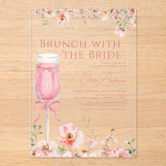 Brunch met het Bride Pink Bow Vrijgezellenfeest Acryl Uitnodigingen (Voorkant)
