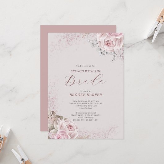 Brunch met The Bride Blush Floral Invitation Kaart (Voorkant / Achterkant in situ)
