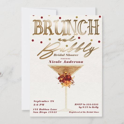 Brunch & Mousserende Wijn Goud Rode Herfst Bruidsd Kaart (Voorkant)