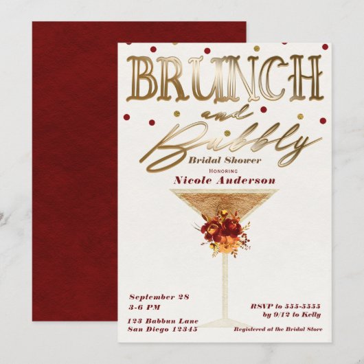 Brunch & Mousserende Wijn Goud Rood Herfst Bruidsf Kaart (Voorkant / Achterkant)