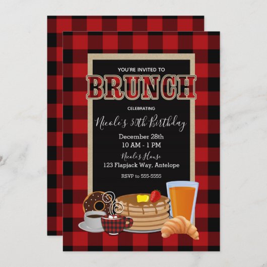 Brunch Ontbijt Rustiek Rood Zwart Buffalo Plaid Kaart (Voorkant / Achterkant)