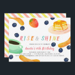 Brunch Pannenkoek PJ Waterverf Kids Verjaardag Kaart<br><div class="desc">Deze leuke "rise and shine" kinderen verjaardagsuitnodiging heeft een witte achtergrond omringd door pannenkoeken, aardbeien, bosbessen, worsten en een kopje koffie in waterverf. De achterkant heeft een witte achtergrond met roze en gele diagonale strepen. Personaliseer het voor uw behoeften. Je kunt meer producten van het polaire beer vinden in mijn...</div>