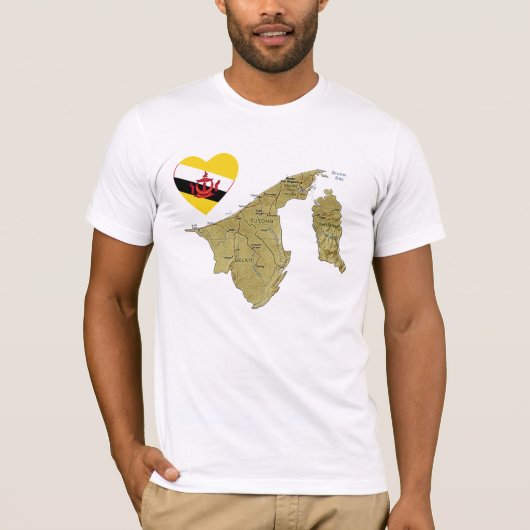 Brunei Flag Heart en Map T-Shirt (Voorkant)