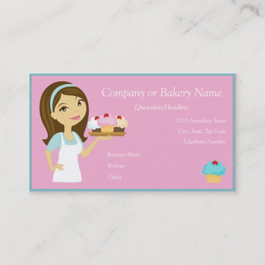 Brunette/Aqua Cupcake Baker/Bakery 3 Visitekaartje (Voorkant)