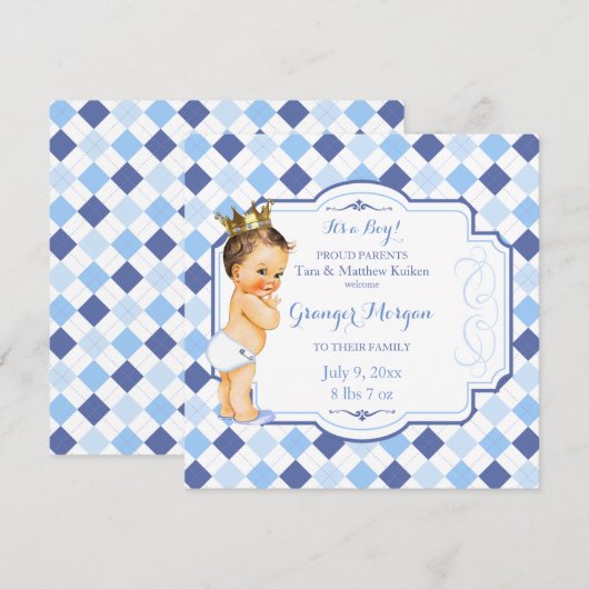 Brunette Baby Crown Little Prince Argyle Aankondiging (Voorkant / Achterkant)