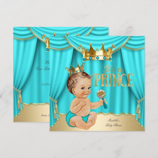 Brunette Baby shower Prince Aqua Blue Gold Crown Kaart (Voorkant / Achterkant)