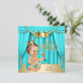Brunette Baby shower Prince Aqua Blue Gold Crown Kaart (Staand voorkant)