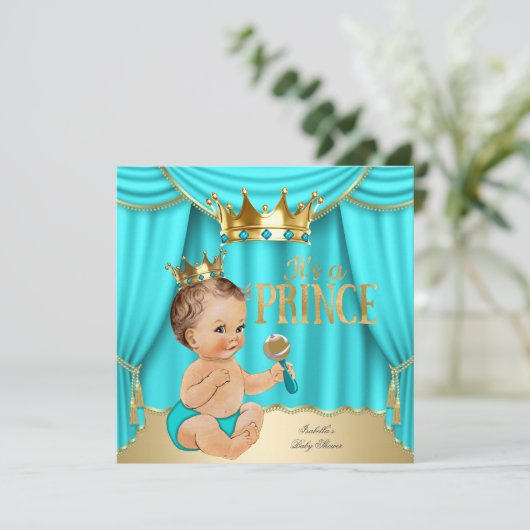 Brunette Baby shower Prince Aqua Blue Gold Crown Kaart (Staand voorkant)