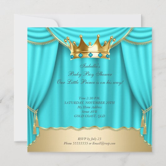Brunette Baby shower Prince Aqua Blue Gold Crown Kaart (Achterkant)