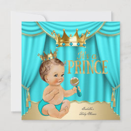 Brunette Baby shower Prince Aqua Blue Gold Crown Kaart