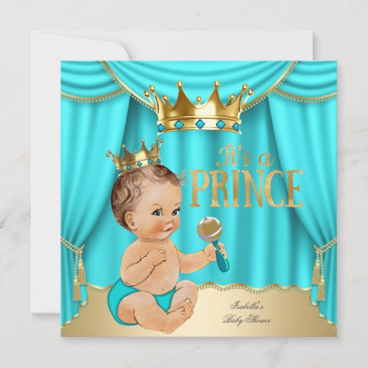 Brunette Baby shower Prince Aqua Blue Gold Crown Kaart (Voorkant)