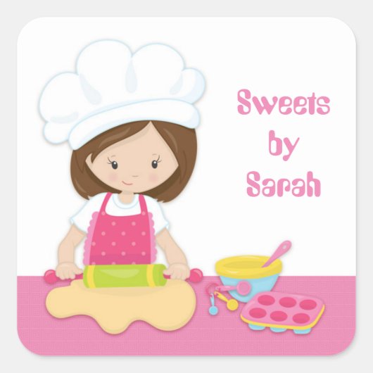Brunette Baker, Chef Pet, Roze Vierkante Sticker (Voorkant)
