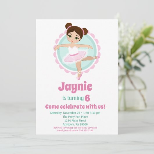 Brunette Ballerina Ballet Dancing Birthday Party Kaart (Staand voorkant)
