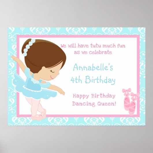 Brunette Ballerina & Blue Damask Poster (Voorkant)