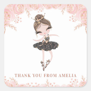 Brunette Ballerina in Black Dress Floral Birthday Vierkante Sticker