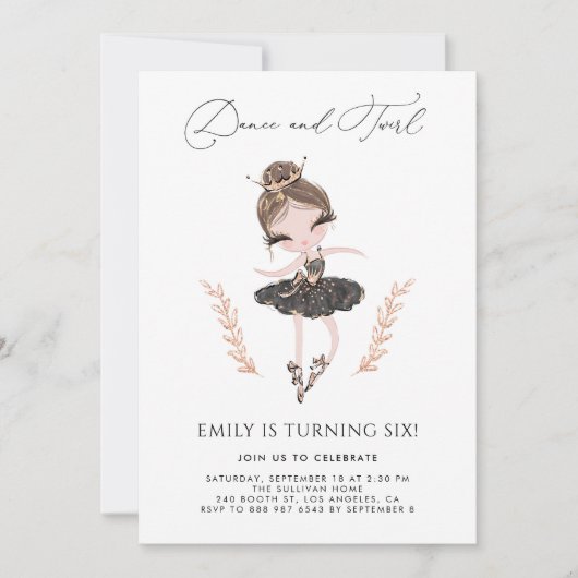 Brunette Ballerina in Black Dress Glitter Birthday Kaart (Voorkant)