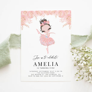 Brunette Ballerina in Pink Dress Floral Birthday Kaart