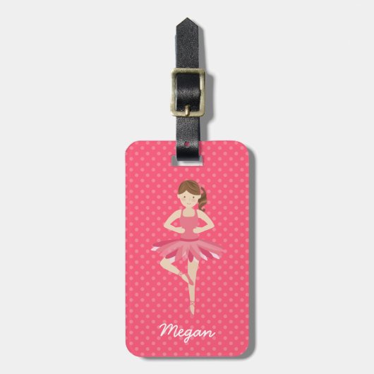 Brunette Ballerina op Roze Polka Dots Bagagelabel (Voorkant verticaal)