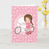 Brunette Bicycle Girl - Roze White Kaart (Gele Bloem)
