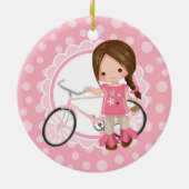 Brunette Bicycle Girl - Roze White Keramisch Ornament (Achterkant)