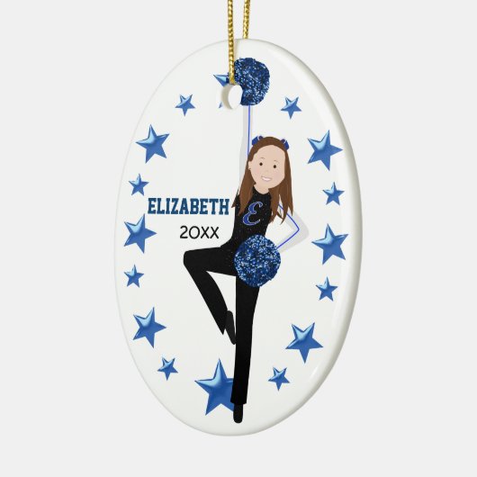 Brunette Black, Blue & White Pom Squad Keramisch Ornament (Links)
