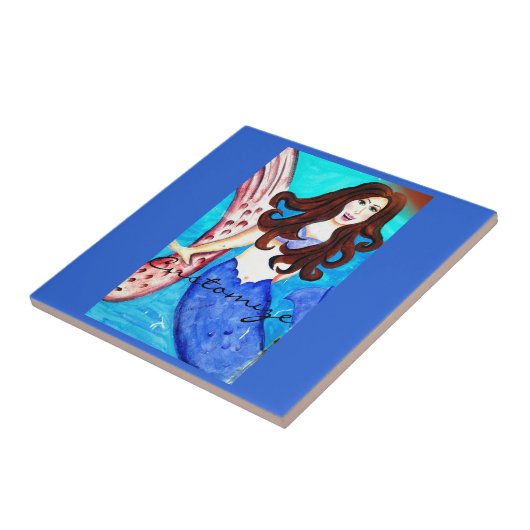 brunette blauwe tegel tegeltje (Zijkant)