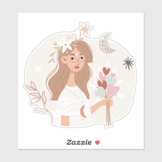 Brunette boho bouquet bloemen maansterren sticker (Vel)