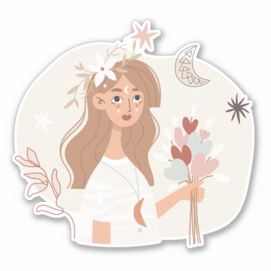 Brunette boho bouquet bloemen maansterren sticker (Voorkant)