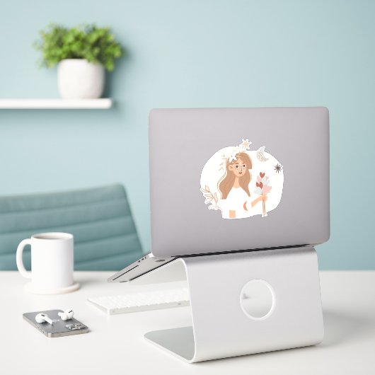 Brunette boho bouquet bloemen maansterren sticker (Laptop op bureau)
