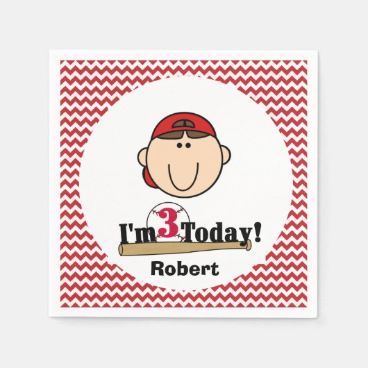 Brunette Boy Baseball 3rd Birthday Paper Napkins Servetten (Voorkant)