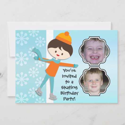 Brunette Boy Birthday Skating Party Invitation Kaart (Voorkant)