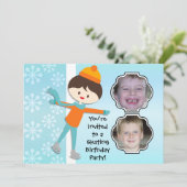 Brunette Boy Birthday Skating Party Invitation Kaart (Staand voorkant)