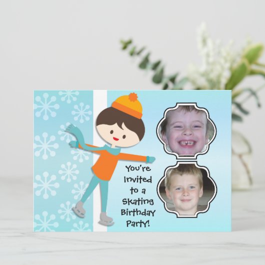 Brunette Boy Birthday Skating Party Invitation Kaart (Staand voorkant)