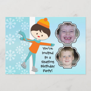 Brunette Boy Birthday Skating Party Invitation Kaart
