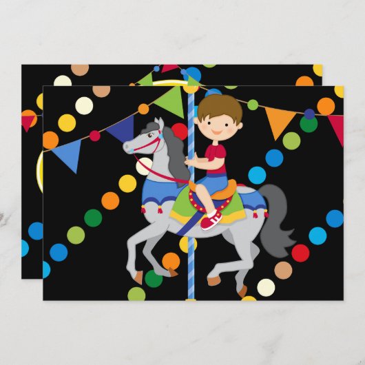 Brunette Boy Carousel Birthday 5x7 Uitnodiging (Voorkant / Achterkant)