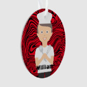 Brunette boy chef pet kookgerei op maat ornament (voorkant)