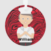 Brunette boy chef pet kookgerei op maat ornament (achterkant)