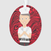 Brunette boy chef pet kookgerei op maat ornament (voorkant)