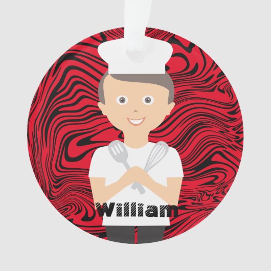 Brunette boy chef pet kookgerei op maat ornament (voorkant)