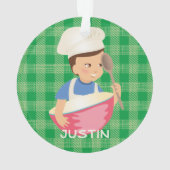 Brunette boy chef pet mixing bowl gepersonaliseerd ornament (achterkant)