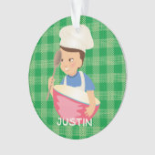 Brunette boy chef pet mixing bowl gepersonaliseerd ornament (voorkant)