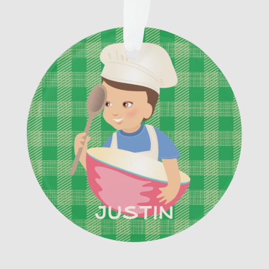 Brunette boy chef pet mixing bowl gepersonaliseerd ornament (voorkant)