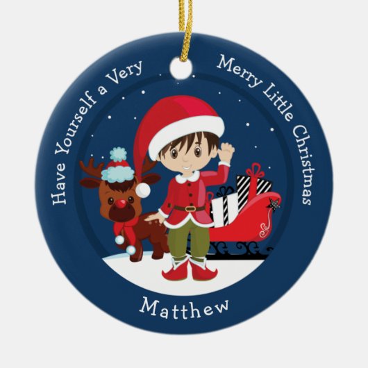 Brunette Boy Elf Keramisch Ornament (Voorkant)